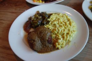 Country Fried Tofu with Mac n Cheese and Collards at Southern Charm Kitchen in Gainesville