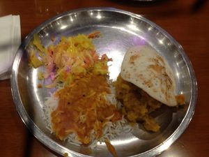 Stir-fry veggies, dahl and rice, dosa, and baaji at Annalakshmi in Perth