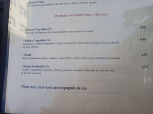 Menu starters at La Vallée du Kashmir in Brussels