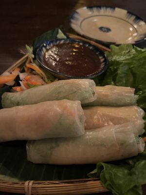 Vietnamese traditional rolls. The vegan option has tofu and is served with a satay sauce.   at Konia Kitchen in Toronto