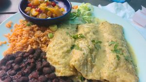 Vegan enchiladas, rice, beans,  peach salsa at The Roadhouse Mexican Bar & Grill in Benzonia