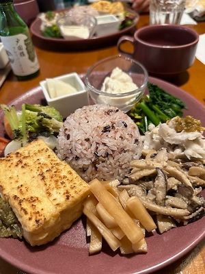 Veggie and tofu lunch plate that also came with [not pictured] soup and salad. Also not pictured was the salt, soy sauce and oil that was offered to add more flavor to the food.  at Refs Atami - 熱海店 in Shizuoka