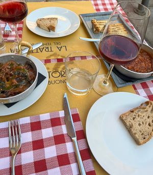 Caponata (left), and friggione (right)  at Trattoria del Tempo Buono in Bologna