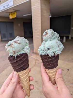 Mint choc chip ice cream with choc topped cone at Scooped in Scarborough