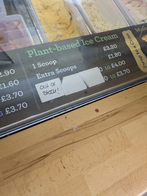 Prices/whippy out of stock sticker at Scooped in Scarborough