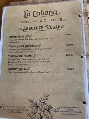 Vegan menu  at La Cabaña in Kuta