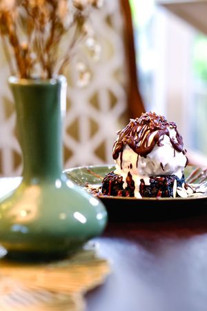 Vegan gluten free brownie with vegan coconut ice cream at Seeds of Dreams in Koh Phangan