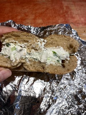 Tofu cream cheese whole grain bagell  at Pio Bagel - West in New York City