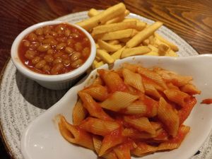 Kids' vegan pasta, fries and beans at The Kingfisher in Northwich