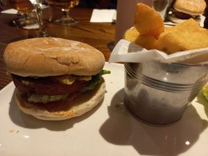 Spicy bean burger with chunky fries at The Kingfisher in Northwich