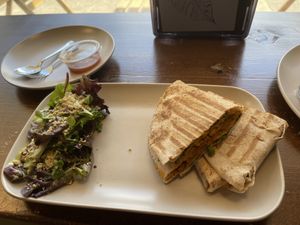 Roast veggie sandwich (vegan cheese between pitas)  at Tuba Cafe in Squamish