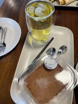 Tiramisu with mountain mint tea  at Tuba Cafe in Squamish