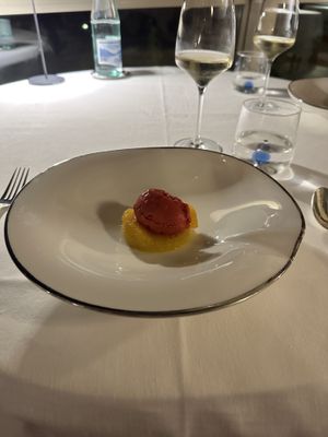 Liquid nitrogen raspberry sorbet with pineapple and orange  at Ristorante Mistral in Bellagio