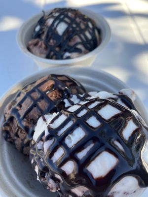 This is the Jamocha Chaga Fudge & Supercookies and Cream with the chocolate sauce. Superb! Smaller cup is California Cabin w their Carmel sauce!!!! Delicious !  at Frankie & Jo's in Larkspur