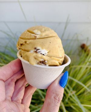 Carrot Cake: a creamy, caramelized carrot ice cream swirled “nuttercream” cream cheese frosting & pieces of spiced carrot cake.🧡🧡🧡  at Frankie & Jo's in Larkspur