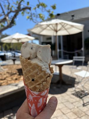 Waffle cone with 1 scoop of Mint Brownie and 1 scoop of California Cabin  at Frankie & Jo's in Larkspur