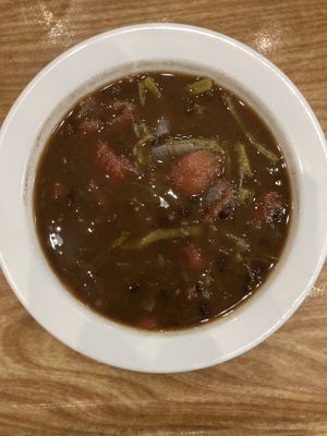Black Bean & Cactus Soup. Cook confirmed it’s vegan. Tasty    at Q. Cumbers in Edina