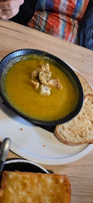 Vegan pumpkin soup of the day - a but spicy/peppery but otherwise nice at Larder in Daylesford