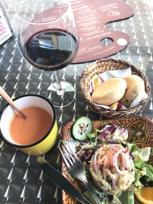 Gazpacho soup and cold potato salad  at Arte y Sabor in Sevilla