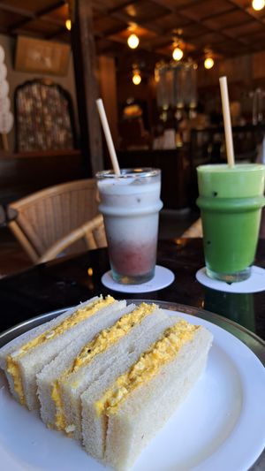 Vegan egg sandwiches, ice matcha latte,  and strawberry soymilk. at Toriba Coffee in Kyoto
