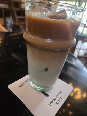 Iced sweetened latte with oat milk at Toriba Coffee in Kyoto