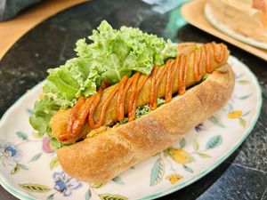 Vegan curry wurst sausage dog  at Toriba Coffee in Tokyo