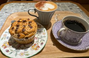 Vegan muffin, cappuccino with oat milk   at Toriba Coffee in Tokyo