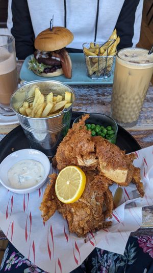 Front Gluten free fish (banana blossoms) and chips. Back burger and chips at The Good Grub in Eastbourne