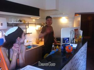 Lucy and her husband in the kitchen at Lucy's Vegan Food in Bratislava