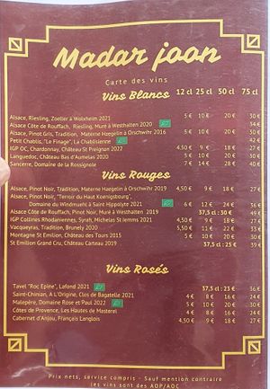 Wine list at Chez Madar Joon in Huningue