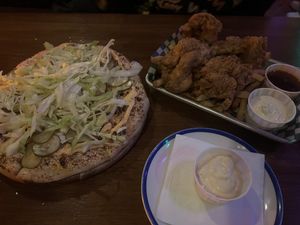 Vegan Big Mac pizza and mushroom tendies and dips !   at Moodys Pizza Bar & Arcade in Hamilton