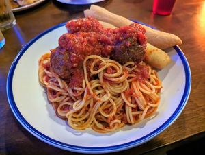 New menu item - spaghetti and meatballs at Moodys Pizza Bar & Arcade in Hamilton
