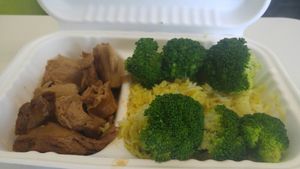chick*n with broccoli and rice at Health Bistro in Gainesville