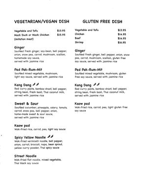 Separate veg*n menu at Thai Basil in Collingswood