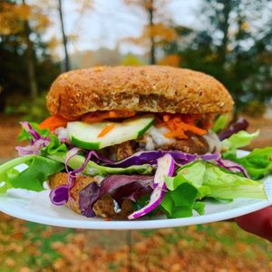 Beta burger with vegan cheese  at Heirloom Food Company in Danielson
