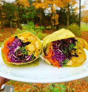 Curry mock chick salad wrap on sprouted wheat  at Heirloom Food Company in Danielson