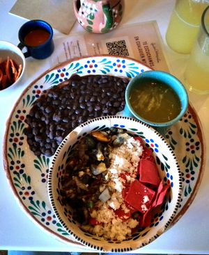Black beans, Green sauce, Huitlacoche, Almonds cheese, Beetroot corn chips at Frida Chilaquiles Cumbres in Monterrey