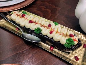 Grilled eggplant with hummus at Mayrig Yerevan in Yerevan
