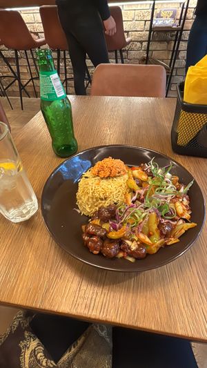 Deviled soy dish with yellow rice   at Curry Souls in Belgrade