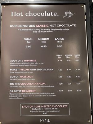 Hot chocolate menu at Le Chocolat de Frèd in Dublin