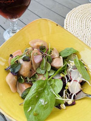Vegan dumplings with coconut + sesame sauce   at Müüriääre Kohvik in Haapsalu