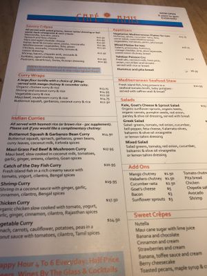 Menu at Cafe des Amis in Paia