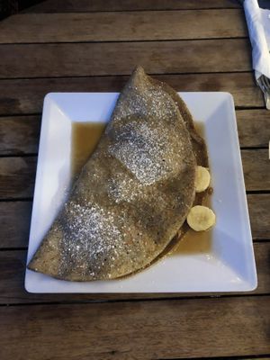 buckwheat chia option for vegan crepes ! we got ours with maple syrup, pecans, and bananas  at Cafe des Amis in Paia