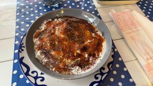 Vegan Turkish pasta, with spices, tomato and yoghurt sauces. at Smyrna Cafe ve Mezeevi in Istanbul