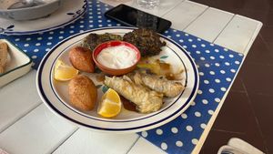 Mezze, dolmas, kibbeh, zucchini-quinoa-tofu based patty. at Smyrna Cafe ve Mezeevi in Istanbul