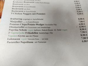 Menu at Martin's Musikcafé in Doemitz