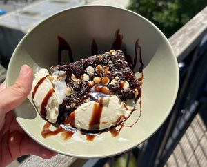 Hazelnut & white chocolate brownie (paired with some ice cream)   at Delight in Plymouth