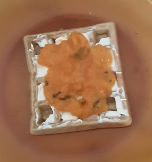 Waffel with homemade spread cheese and apricose-basilicum jam at Kiosko Café in Gran Canaria