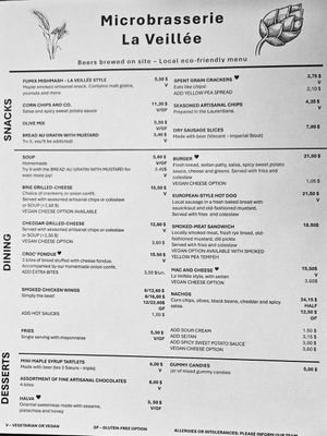 Menu avril 2025 at La Veillée - Microbrasserie et Pub in Sainte-agathe-des-monts