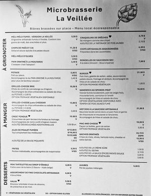 Menu avril 2025 at La Veillée - Microbrasserie et Pub in Sainte-agathe-des-monts